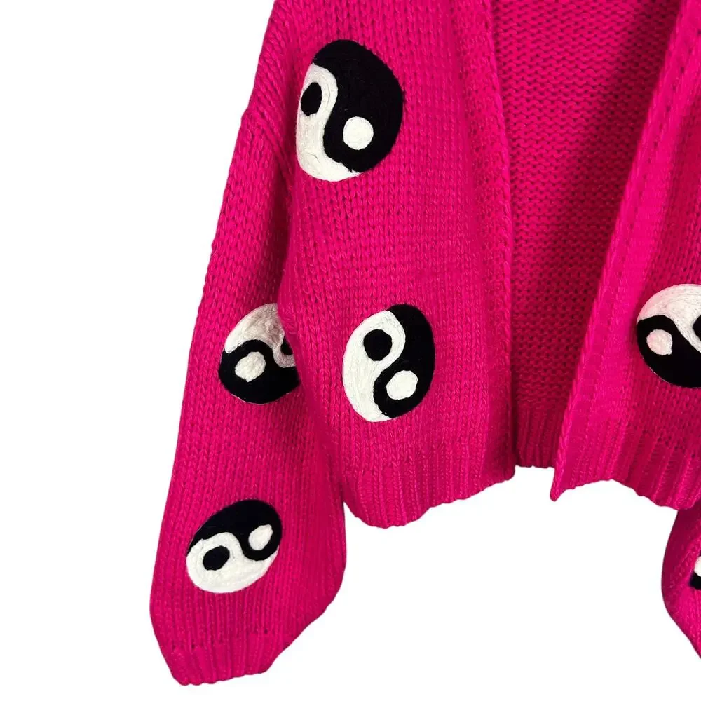 Free People Mure Grand Pink Yin Yang Embroidered Long Sleeve Open Front Cardigan - Picture 4 of 7